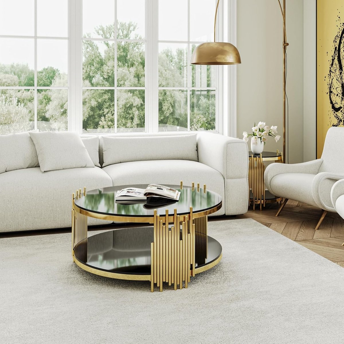 Salontafel Rond Glas 45 x 45 x 55 cm – Bijzettafel met 2 Niveaus en Gouden RVS Frame – Moderne Koffietafel met Gehard Glas – Luxe Design Tafel voor Woonkamer, Slaapkamer en Balkon – Mobili Bella