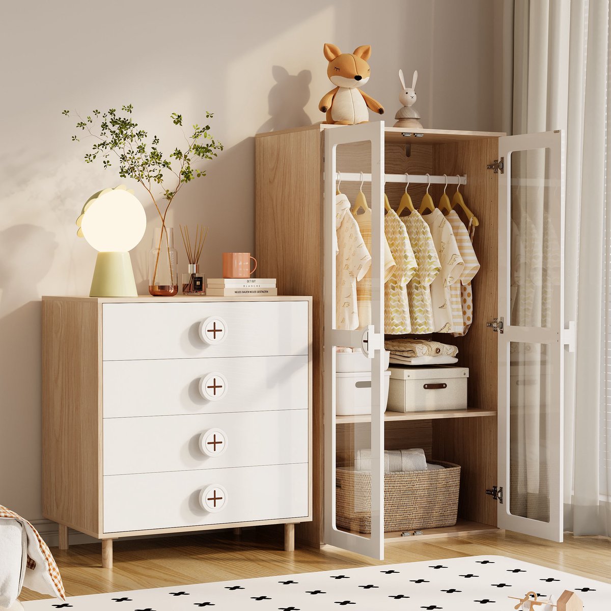 MODFU-Kleerkast-Combinatie-Mdf-Wit-Natuurkleur-Acryldeuren-80x50x150-Cm