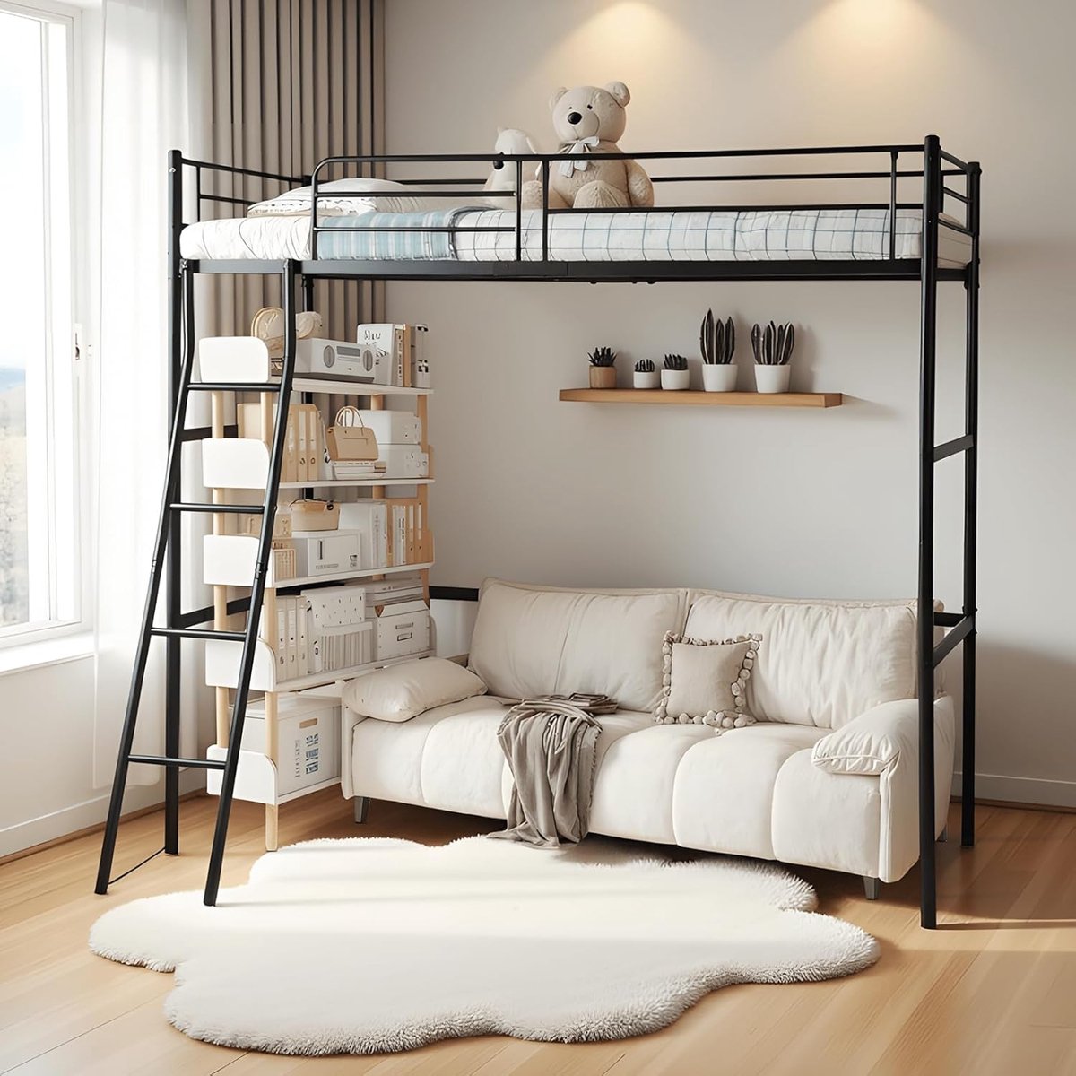 Industrieel Metalen Stapelbed 90x200 cm met Veiligheidshekken, Schuine Ladder en Ruimtebesparend Multifunctioneel Design voor Kinderen, Tieners en Volwassenen – Zwart – Mobili Bella