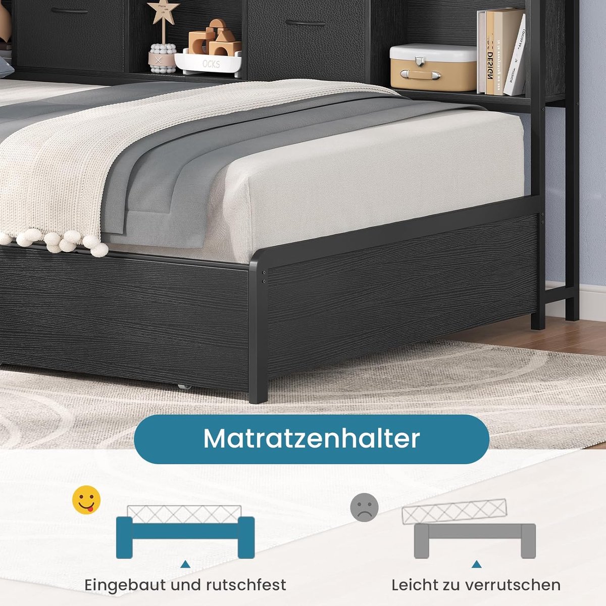 Nova Smart L-Vormig Slaapbank Bed 90 x 200 cm – Gestoffeerd Metalen Dagbed met RGB LED-Verlichting, USB-C Laadstation, Boekenkast en 2 Opbergladen – Modern Grijs