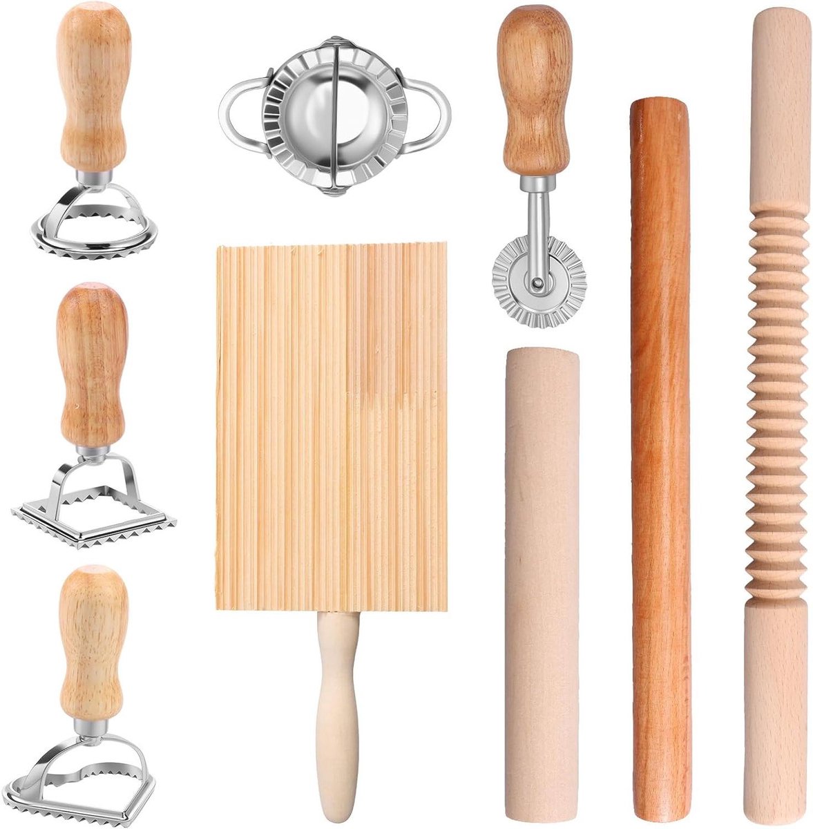 Pastamaker Gereedschap Set - 9 Delig - Zelf Pasta Maken - Handgemaakt Keuken - 9 Stuks - Houtkleurig