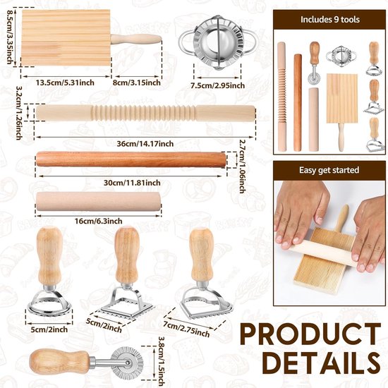 Pastamaker Gereedschap Set - 9 Delig - Zelf Pasta Maken - Handgemaakt Keuken - 9 Stuks - Houtkleurig — afbeelding 3