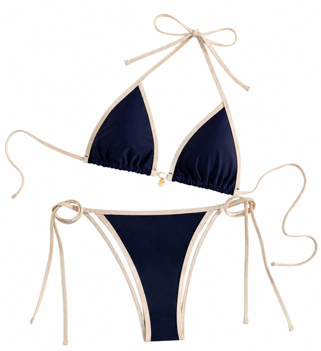 Marineblauw wit bikini set dames driehoek bikini halter bikini zwempakset met zijstrik en laag taille bikini broekje 2 delige strandkleding vakantie zwemkleding maat M
