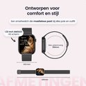 Zwarte smartwatch met mesh band, 1.32 inch AMOLED HD scherm. Afmetingen: 41.8mm breed, max. 250mm polsomvang.