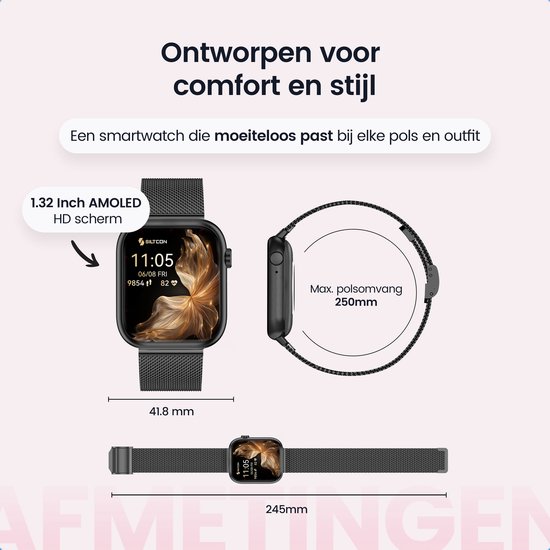 Zwarte smartwatch met mesh band, 1.32 inch AMOLED HD scherm. Afmetingen: 41.8mm breed, max. 250mm polsomvang.