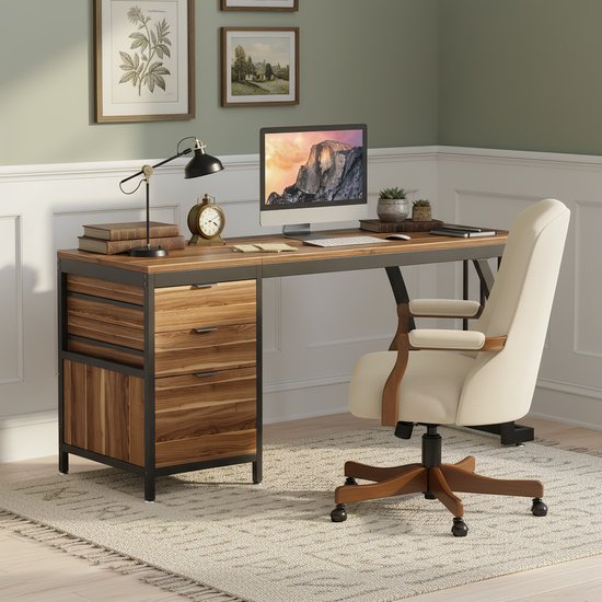 LITTLE TREE Hout Bureau - 150 x 50 x 75 cm - Met 3 Lades - Industrieel - Game Bureau - Omkeerbaar Rek - Bruin