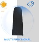 Zwarte ladderhoes met icoontjes van zon en regen, met tekst 'Multi Functional'.