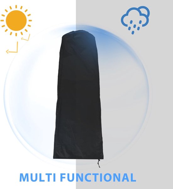 Zwarte ladderhoes met icoontjes van zon en regen, met tekst 'Multi Functional'.