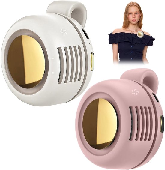 2 Stuks Mini Clip-On Ventilator USB Oplaadbaar 3 Snelheden Stil Bladloos Draagbaar 360° draaibaar Roze Beige