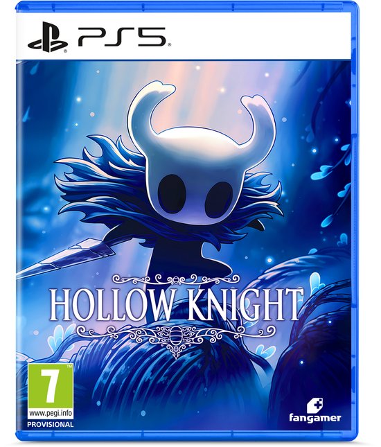 PlayStation 5 gamecover voor Hollow Knight, met een wit figuur met een masker en hoorns, die een zwaard vasthoudt tegen een blauwe achtergrond.