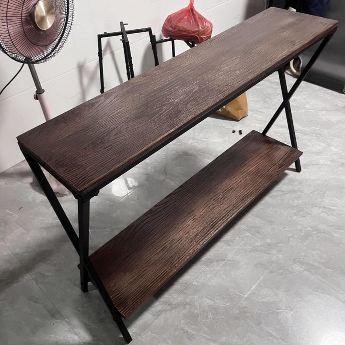 Bartafel 100 x 30 x 80 cm – Urban Loft Slim Console – Smalle Statafel met 2 Opbergplanken – Industriële Haltafel – Entreetafel – Keukentafel – Wandtafel voor Kleine Ruimtes – Zwart/Houtlook – Mobili Bella