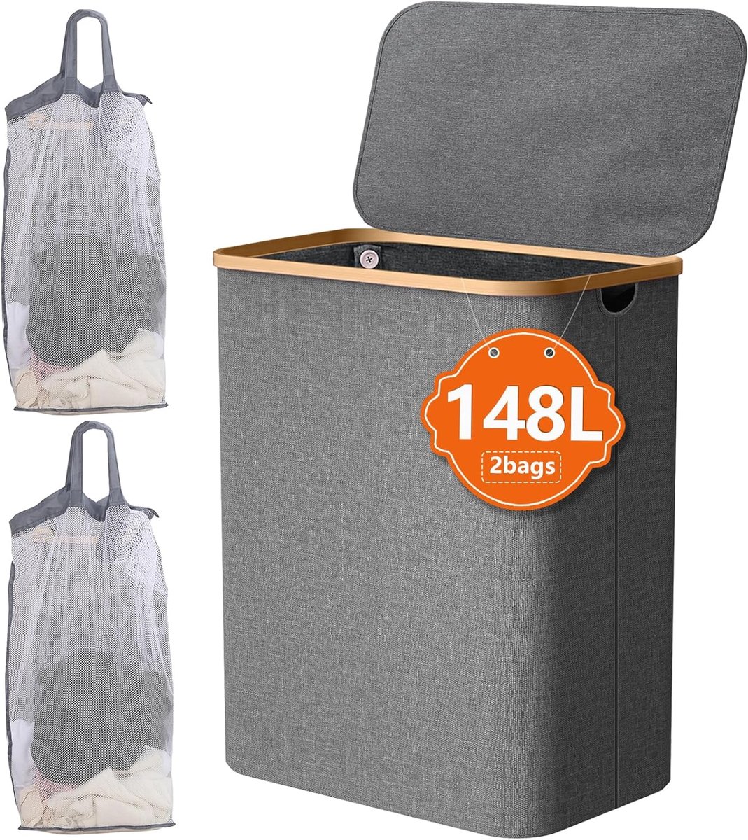 Grote Wasbox - Opvouwbare Mand - Kleding Opbergen - Met Deksel - 148 Liter - Donkergrijs