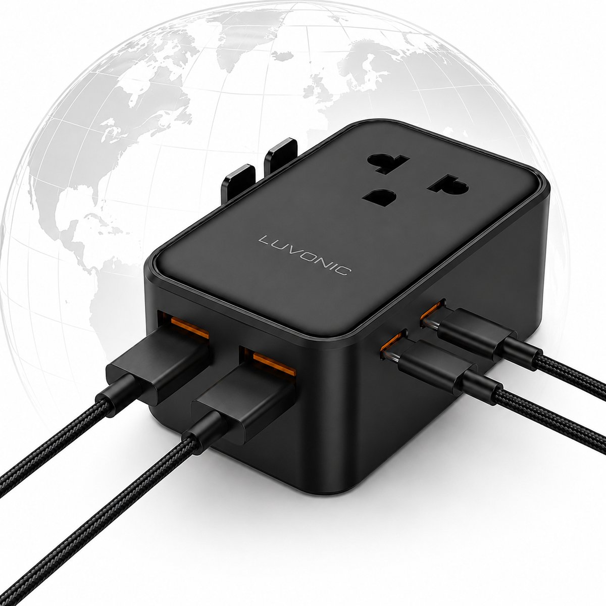 Luvonic® Wereldstekker - Universele Reisstekker met USB-C & USB-A - Reisadapter voor Europa, UK, USA & Australië - Compacte Travel Adapter - Zwart - 2026 Model
