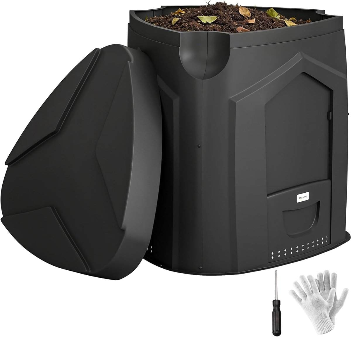 Compostbak Tuin - Afvalbak Compost - Afval Verwerken - Drie Deuren - 240L - Zwart