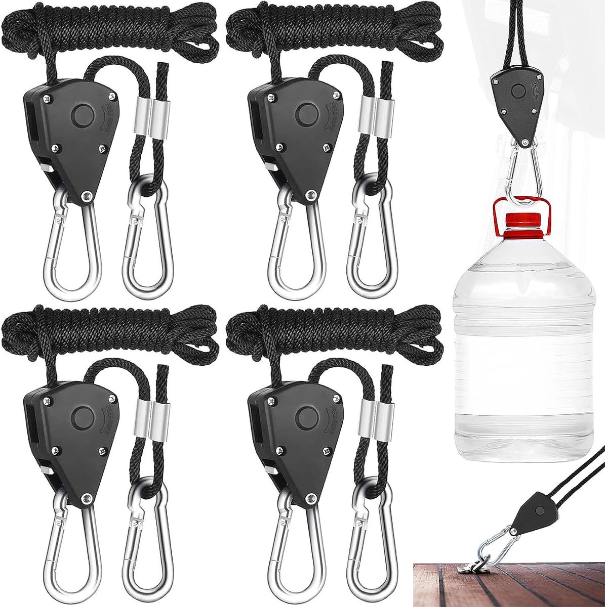 Verstelbare Touwratel - 4 stuks - 2 m - Verdikt Reflecterende Scheerlijnen - Interne tandwielen ratel - Trekhaak met karabijnhaak - Ratel - Touwratel hanger set - Heftoestel - Voor Ophangen Van Kweeklampen, Ventilatoren, Bloempotten - Zwart