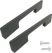Twee matte zwarte greepjes, elk met een rechte greep en een naar binnen gebogen handgedeelte. Twee schroeven zijn zichtbaar.