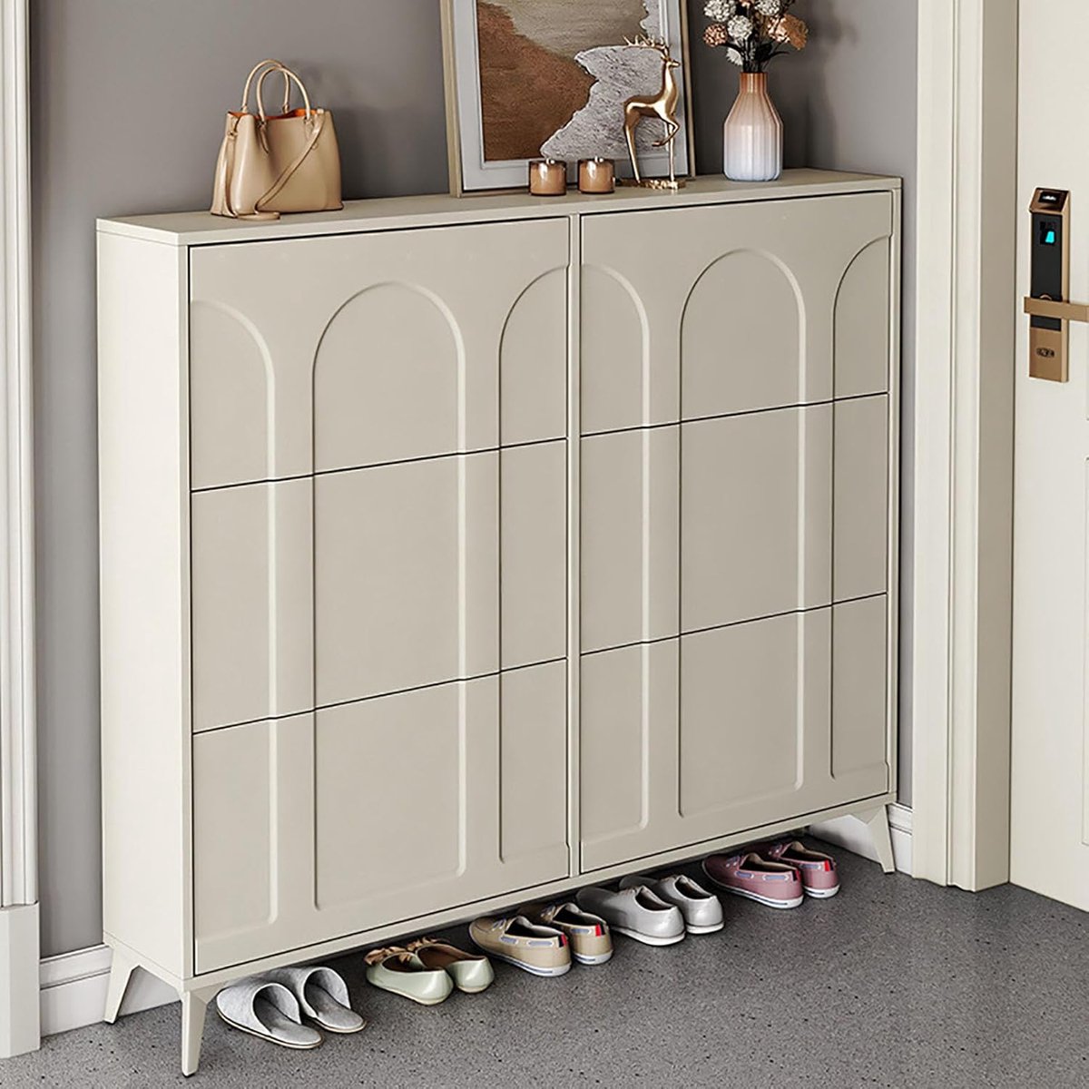 Schoenenkast smal met 2 Flip-Lades en Open Onderplank – Ultraslank Hal Meubel met Verstelbare Vakken, MDF, Antikantelbeveiliging – 140x24x120 cm – Mobili Bella