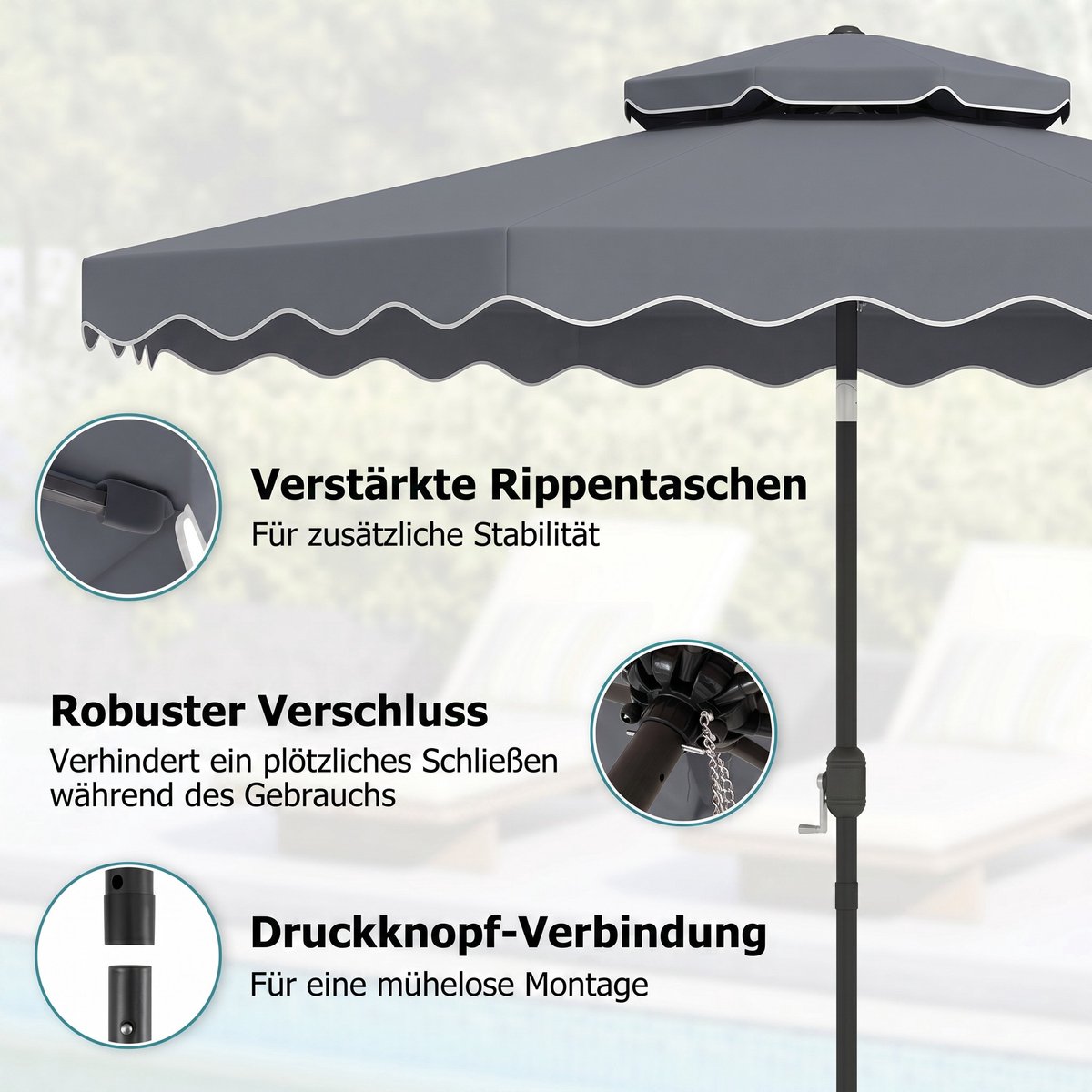 COSTWAY 300 cm parasol met dubbel doek, tuinparasol met draaihendel en volant, 30° kantelbaar aan beide zijden, terrasparasol, marktparasol voor tuin, balkon, terras (grijs) – foto 4