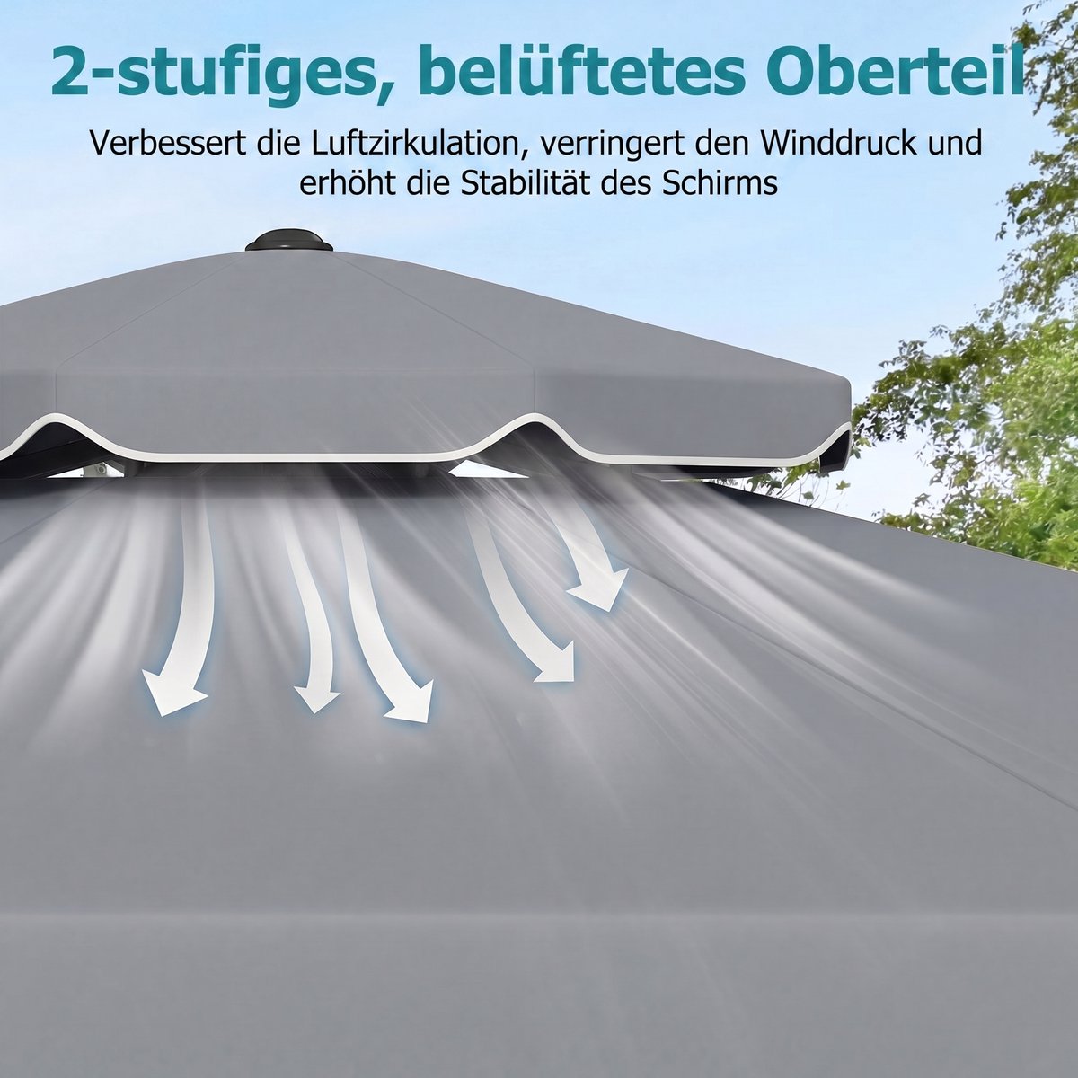 COSTWAY 300 cm parasol met dubbel doek, tuinparasol met draaihendel en volant, 30° kantelbaar aan beide zijden, terrasparasol, marktparasol voor tuin, balkon, terras (grijs) – foto 3