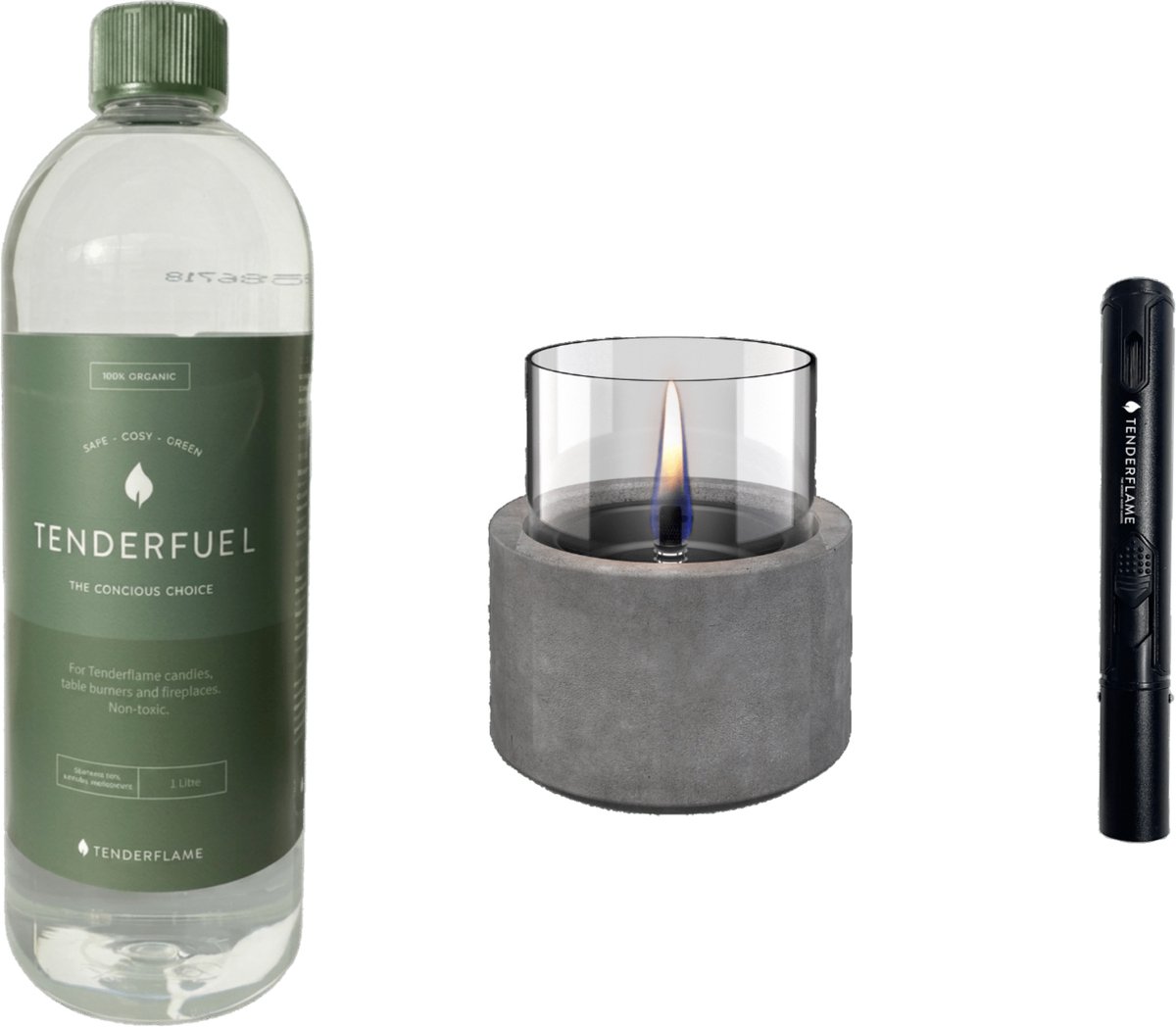 Tenderflame Lotus 12 Concrete Grijs - Tenderfuel Organic 1L - Pen Torch Lighter Black