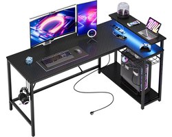 Bestier Gaming Desk Table with LED Lighting, Corner Desk with 2 USB Charging Ports and 3 Sockets, L-Shape Gaming Table with Rack & Monitor Stand, Large Table for Office, Bedroom, 147 cm