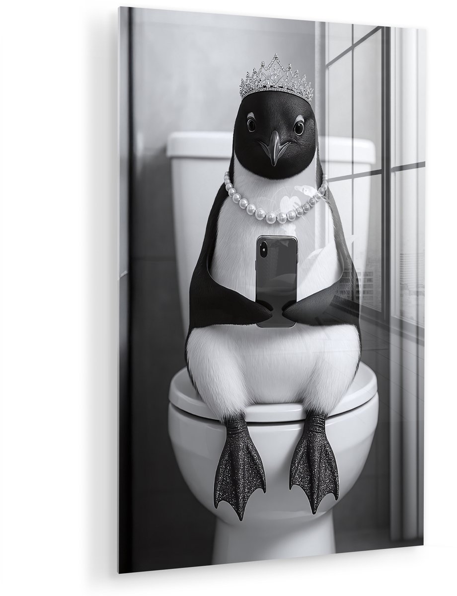 MuchoWow® Glasschilderij 120x180 cm - Schilderij acrylglas - Pinguïn - Telefoon - Toilet -