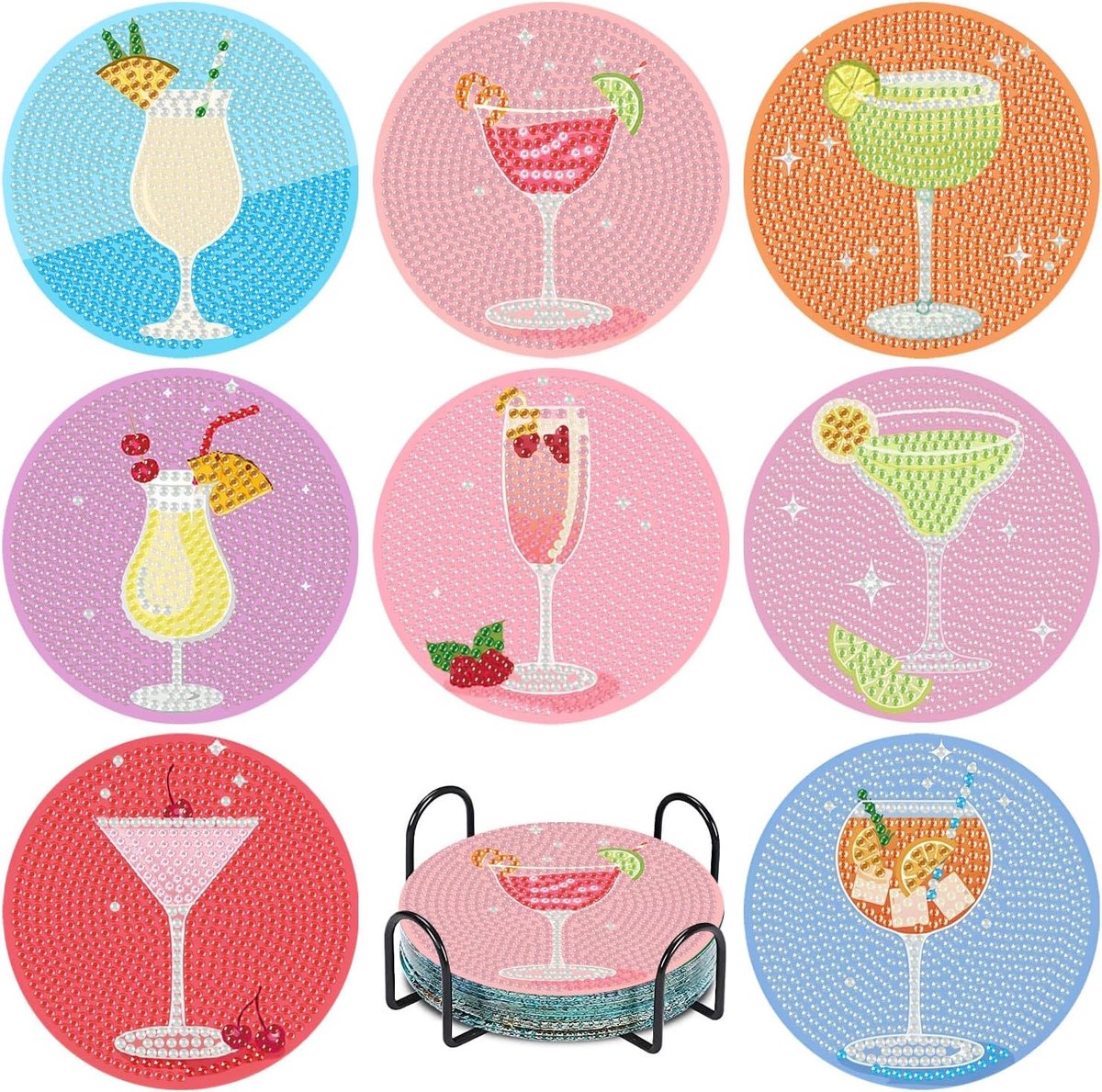 Diamond Painting Onderzetters - 8-delige set - Vintage cocktailthema Diamond Painting Kunst - 5D - Doe-het-zelf - Volledig bedekt met strass-steentjes - Creatieve knutselset voor volwassenen - Woondecoratie - Meerkleurig