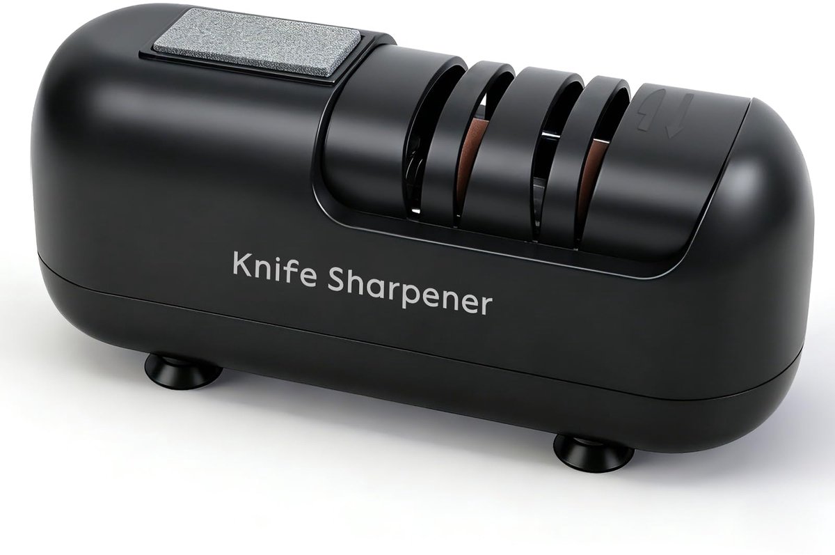 carmdering - Messenslijper - Elektrische Messenslijper - Slijpmachine - Zwart, 20W, 2800 RPM, 2-traps (grof/fijn) - Met sleuven voor scharen en schroevendraaiers - Korund slijpsteen - Antislip basis - Voor thuis en keuken
