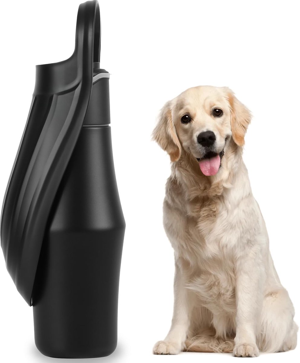 carmdering - Honden Waterfles - Reisfles voor Honden - Drinkfles met Bakje - 750 ml, 304 RVS, BPA-vrij - 12 uur warm, 24 uur koud - Ingebouwde drinkbak, éénknopsbediening - Lekvrij, antislip - Zwart