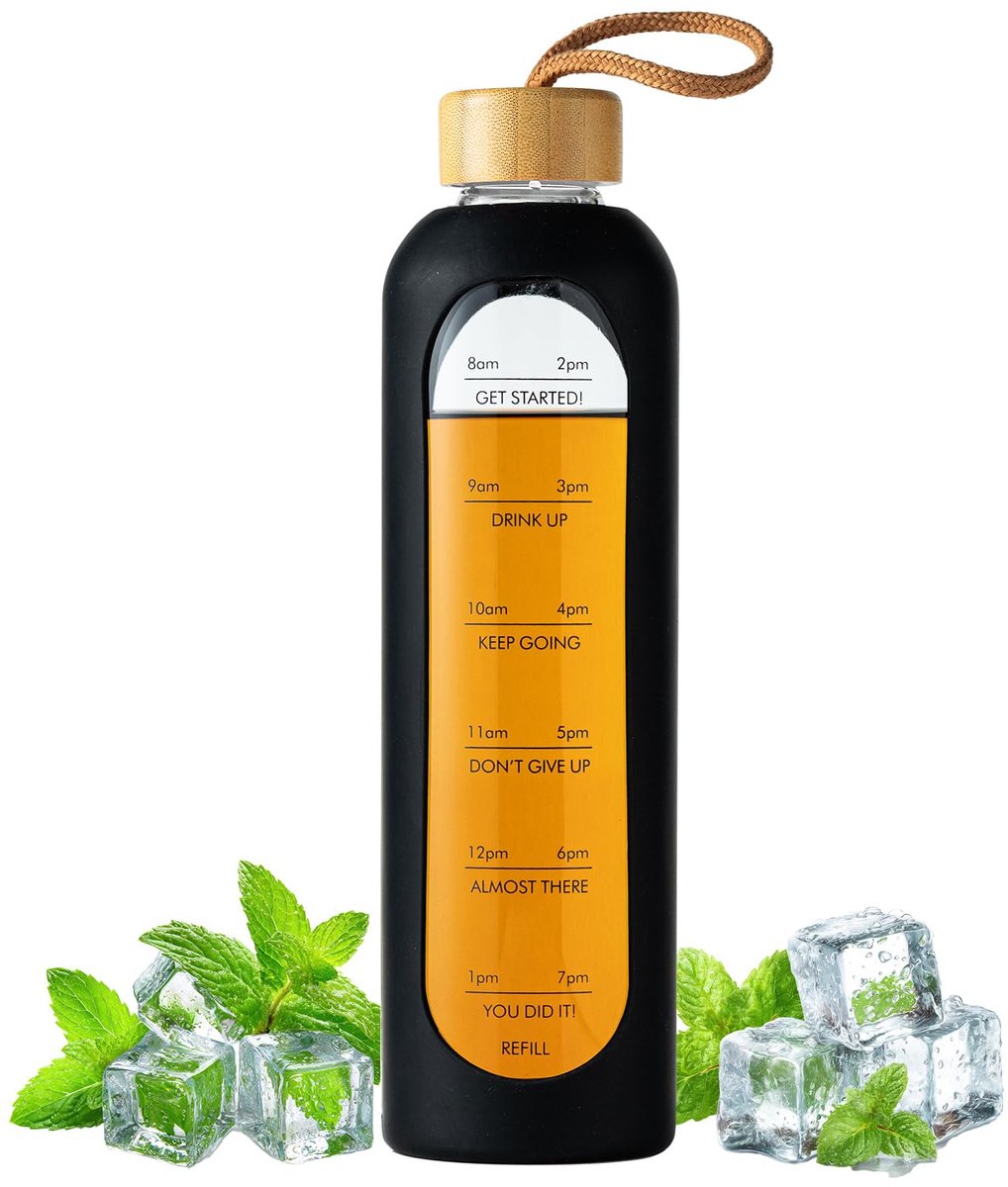 carmdering - Glazen Waterfles - Sportfles - Drinkfles - Zwart, 1094 ml (37 oz), borosilicaatglas, loodvrij - Met tijdsmarkeringen, bamboe deksel, antislip siliconen hoes - Lekvrij, schokbestendig - Voor sport, kantoor en reizen