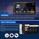 Scherm met FM-radio opties, Type-C, RST en USB poorten.