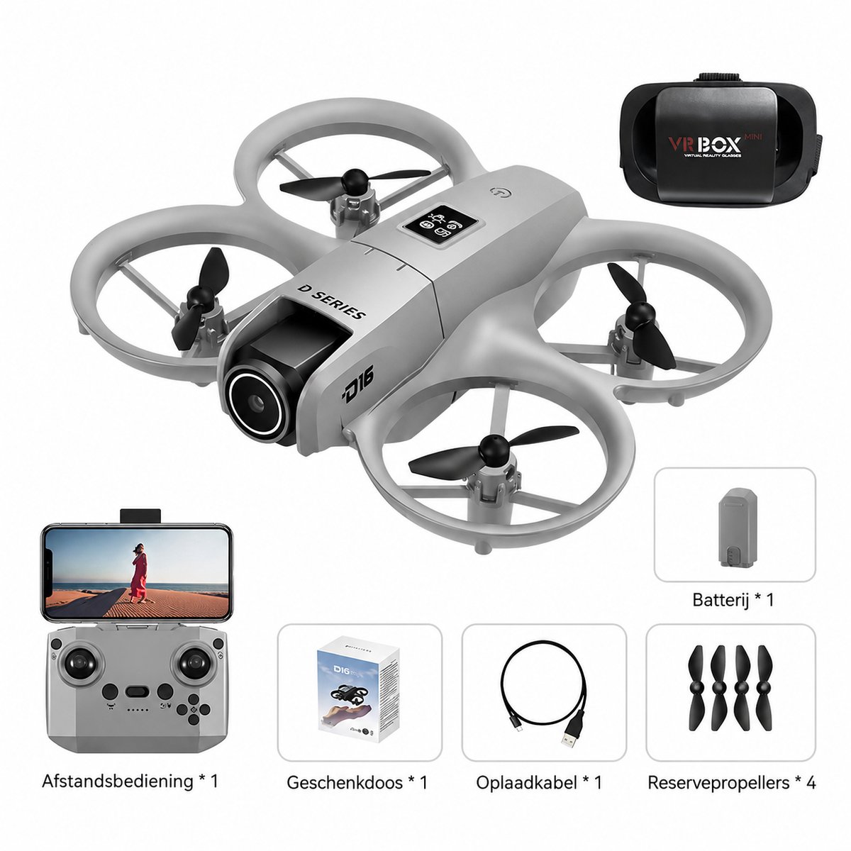Pelor D16 Drone met Camera - 8K Camera met Dubbele Lens - GPS en Obstakelvermijding - WiFi FPV met VR Ondersteuning - Grijs