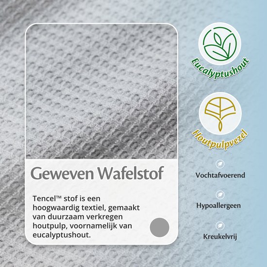 Close-up van een lichtgrijze wafelstof. Tekst "Geweven Wafelstof", "Eucalyptus", "Vochtafvoerend", "Hypoallergeen".