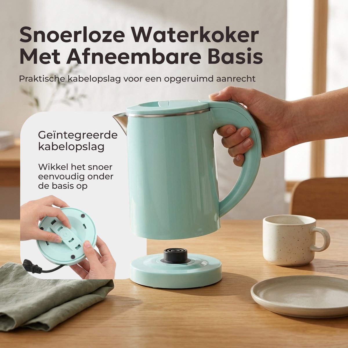 TM&DY Waterkoker - 0,6 Liter – 600W – Reis Waterkoker - Dubbelwandige Isolatie – RVS Binnenwerk – Camping Waterkoker - Automatische Uitschakeling – Mintgroen thumbnail 4