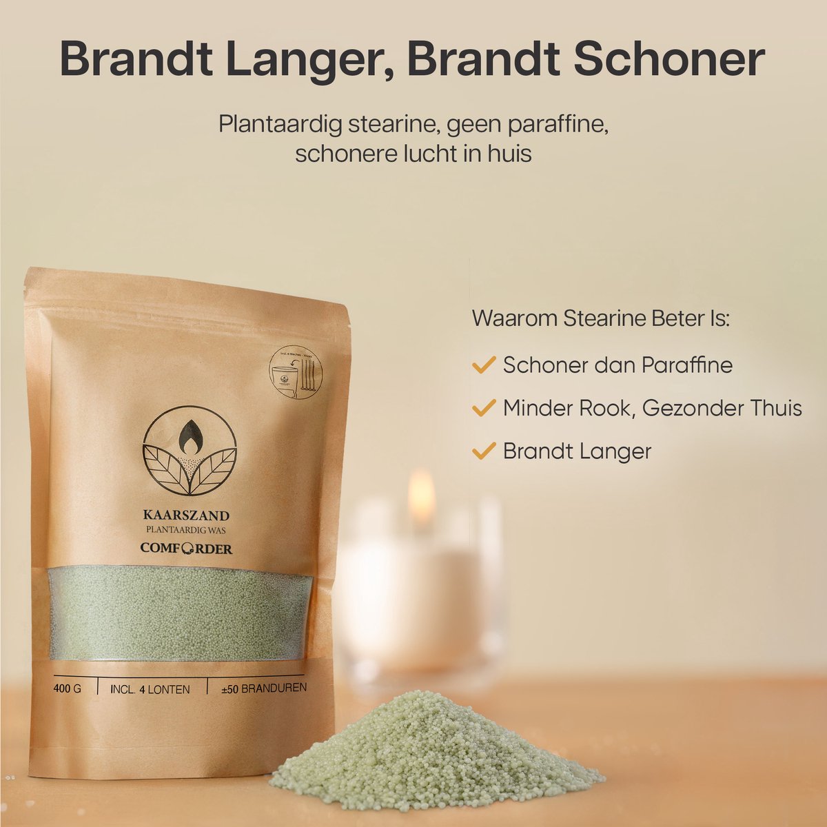 Comforder Kaarsenzand Set met 4 Lonten - 400g Groen - Kaarsen maken voor Volwassenen - Kaarszand Was & Kaarsenwas - Burning Sand Wax - Kaars Zand Candle Making DIY Kit - 50 Branduren — afbeelding 2