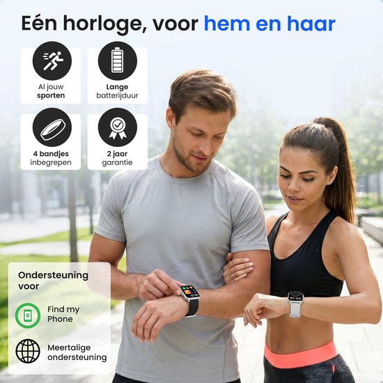 Een man en vrouw bekijken hun horloges. Informatie over sporten, batterijduur, bandjes en garantie.