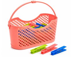 Wasknijpermandje met 24 Wasknijpers – Kunststof Wasknijpermand – Ophangbaar – 24 x 10,5 x 12 cm – Zalmkleur