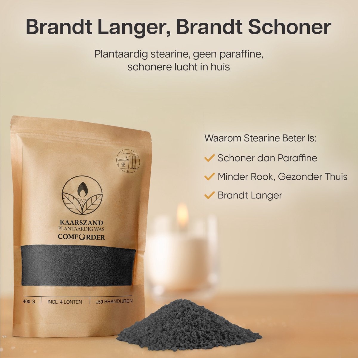 Comforder Kaarsenzand Set met 4 Lonten - 400g Black Musk Geur - Kaarsen maken voor Volwassenen - Kaarszand Was & Kaarsenwas - Burning Sand Wax - Geurkaars Zand - Candle Making DIY Kit - 50 Branduren — afbeelding 3