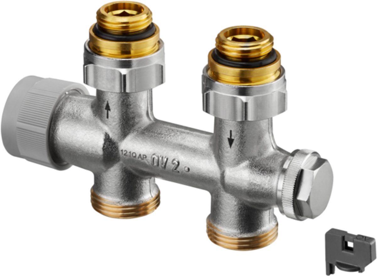 OVENTROP aansluitarmatuur Multiblock TQ doorlaat tweepijps, G 1/2 AG x G 3/4 Euroconus, met QA-ventielinzetstuk, 1184073