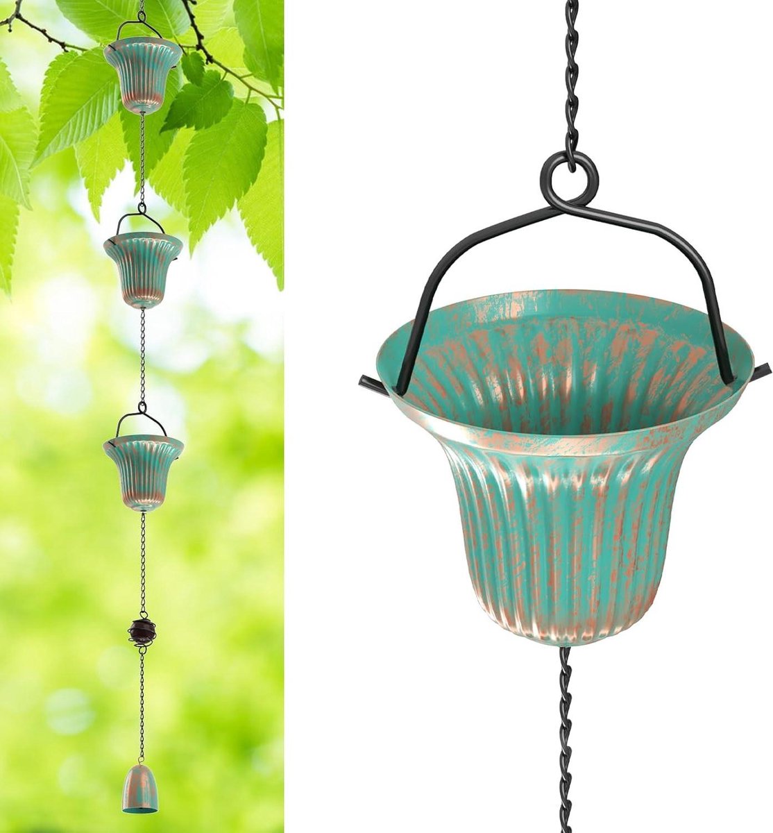 Regenketting - Waterafvoer Ketting - Decoratieve Watergeleiding - 12 Bronzen Bekers - 330 cm Lengte - Brons