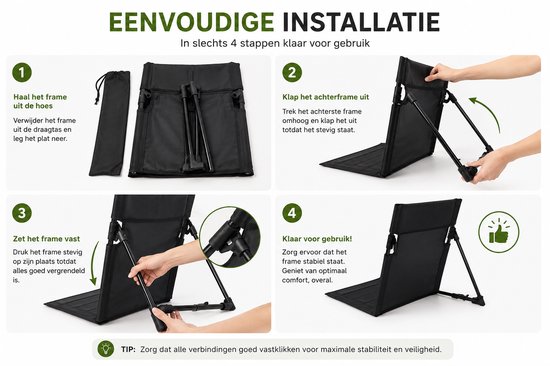 Strandstoel opvouwbaar - Strandmat met rugleuning - Campingstoel - Opvouwbaar Strandbedje met Rugleuning - campingstoel met draagtas - voor strand, camping, picknick, tuin - Zwart — afbeelding 5