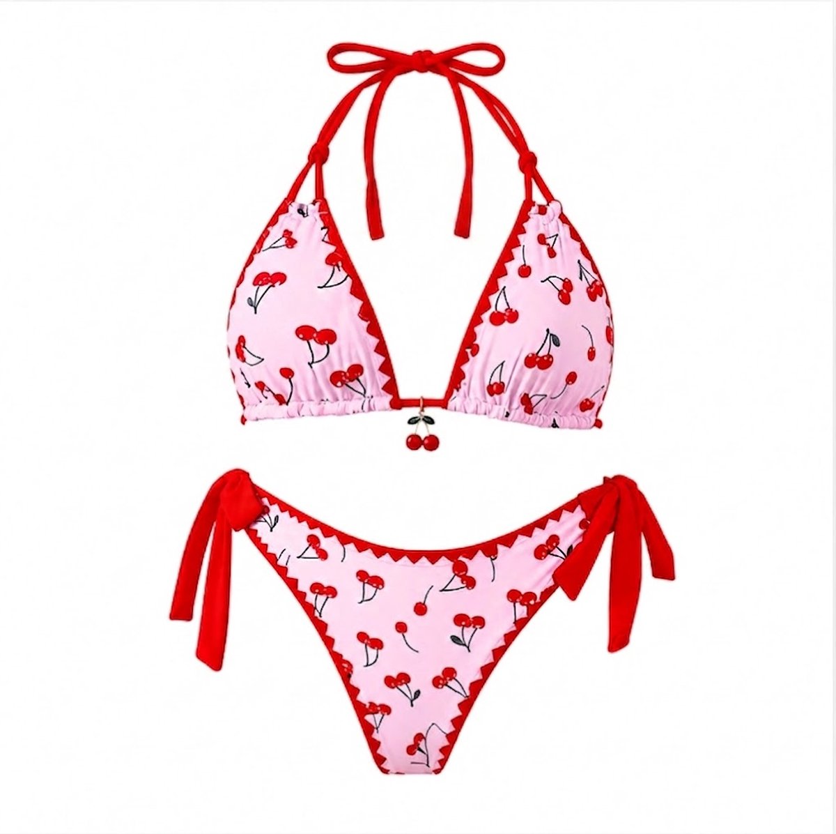 Roze rood bikini set dames driehoek bikini halter bikini met kersen print tie string bikini zwempakset 2 delige strandkleding vakantie zwemkleding maat L
