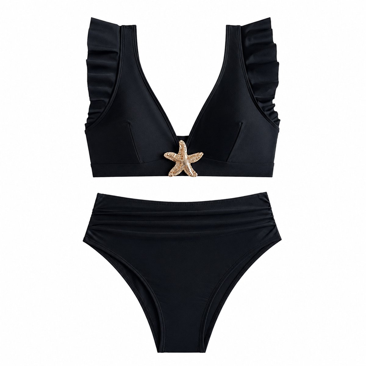 Zwart bikini set dames high waist bikini zwempakset met ruches en zeester detail 2 delige strandkleding vakantie zwemkleding maat M