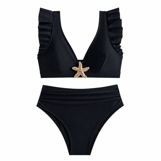 Haut de bikini noir avec volants et détail étoile de mer, et bas de bikini assorti taille haute.