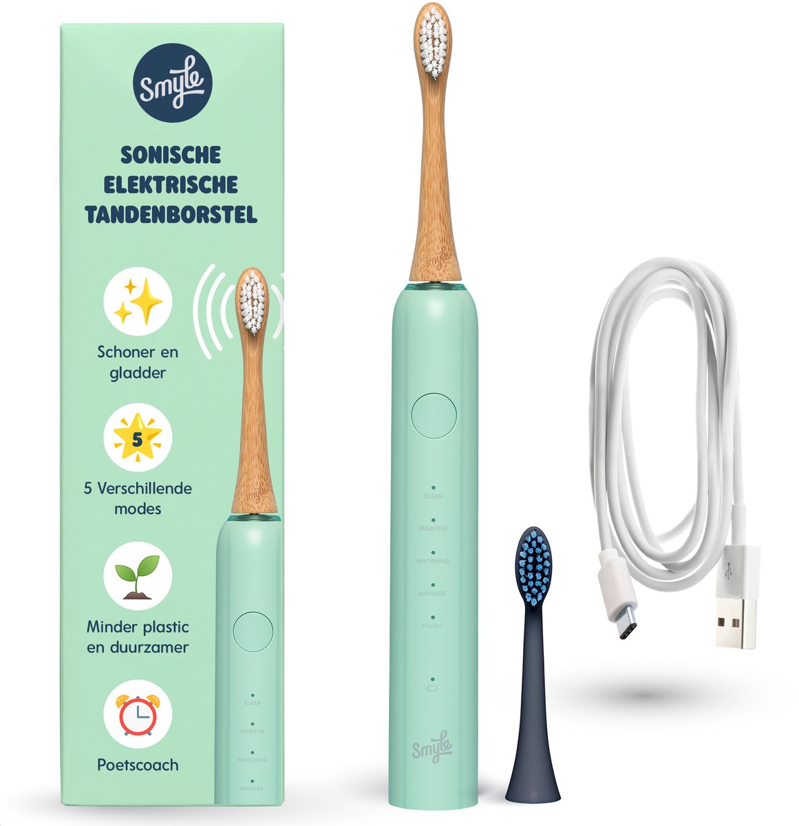 Smyle Sonische Elektrische Tandenborstel met USB-C Oplader, 2 Opzetborstels, 4 monate Lange Batterijduur en Druksensor - Duurzaam en Effec - Mint Groen