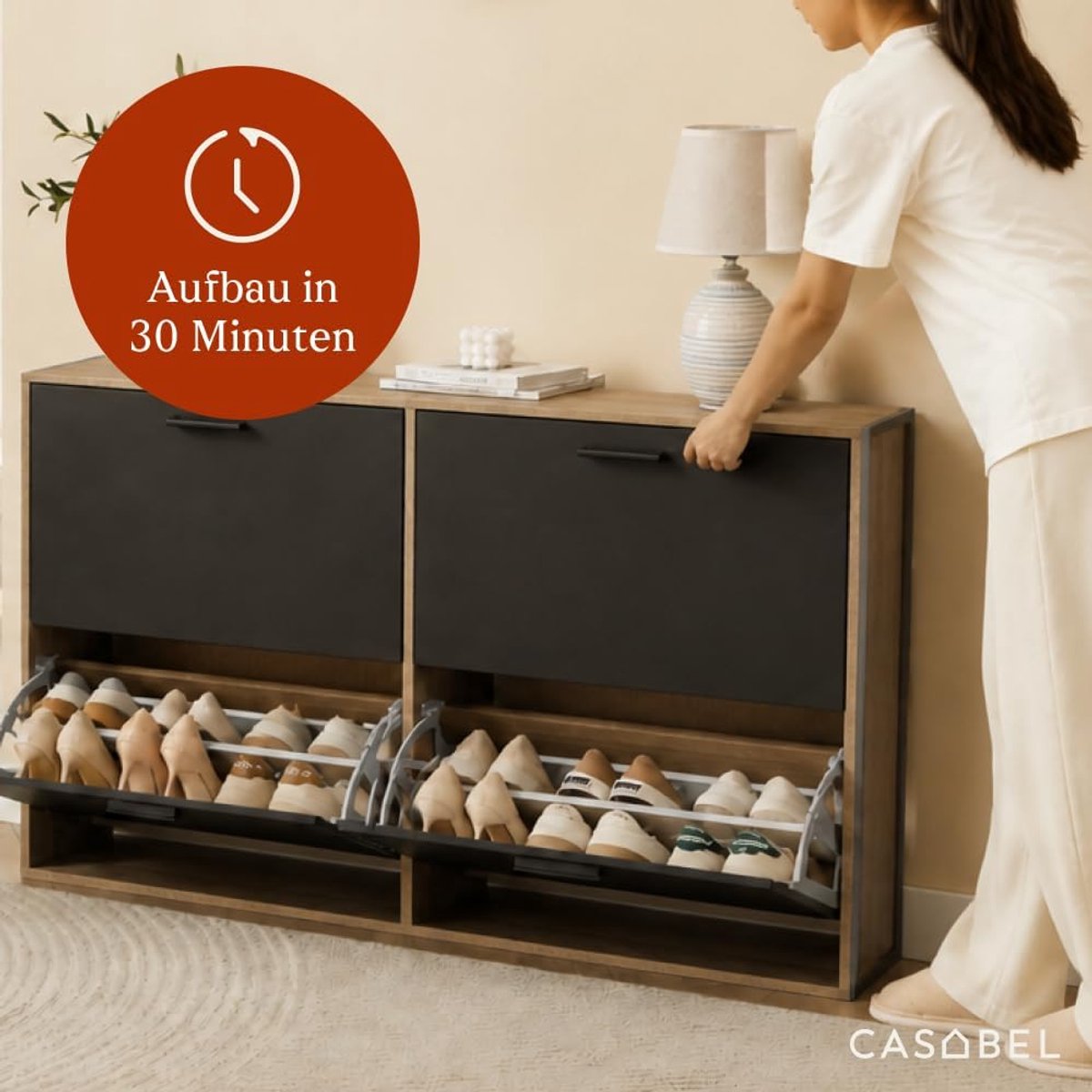 Schoenenkast Industrieel met 24 Paar Opbergruimte – Dubbele Klepvakken, Smalle Hal Kast, Entree Schoenenopberger, Opbergkast voor Gang en Woonkamer 117 x 24 x 85 cm – Mobili Bella