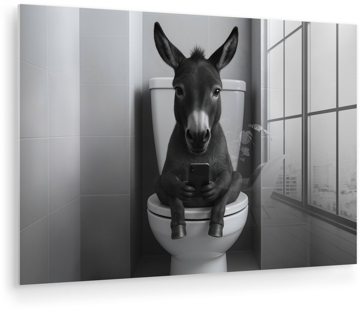 MuchoWow® Glasschilderij 90x60 cm - Schilderij acrylglas - Ezel - Telefoon - Toilet - Zwar