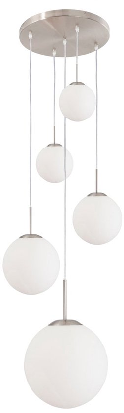 Hanglamp Bollique 7376ST Staal 5 lichts E27 fitting, in hoogte verstelbaar, modern design, metele en glas materialen, merk Steinhauer