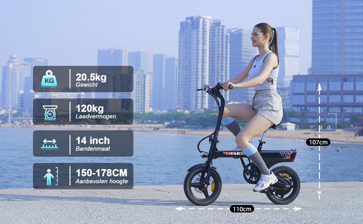 YEE GOO Elektrische Fiets - 250 W Motor - 36V 7,8Ah Batterij - 30-45 km Actieradius - 14 Inch Banden - Schijfremmen voor en achter - LED-verlichting en LCD-display - Draagbare e-bike voor woon-werkverkeer in de stad - Zwart – foto 5