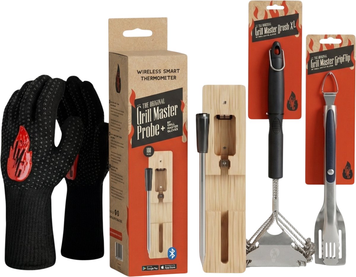 Grill Master BBQ Complete Control Set - BBQ Handschoenen - Ovenhandschoenen - Ovenwanten - Bluetooth thermometer met versterker - Digitale vleesthermometer - Brush XL - Staalborstel voor Barbecue, BBQ - BBQ accessoires - Borstel met Schraper